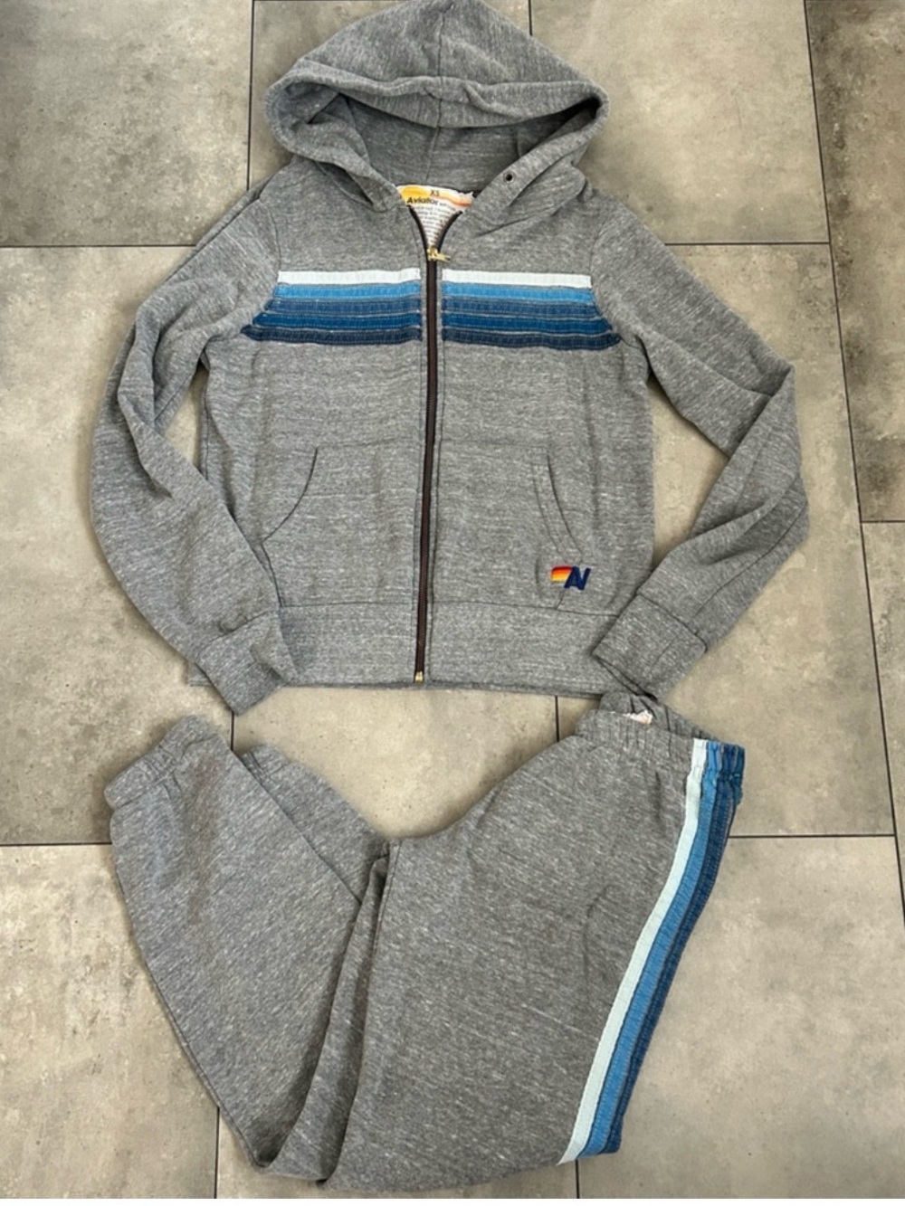Aviator Nation 5 stripe zip hoodie and matching jogger sweatpants gray blue XS